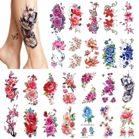 Custom Set of 24 Bright Colored Flowers Temporary Tattoos Waterproof Stickers To Create Unique Body Art or Add to Any DIY Craft Project