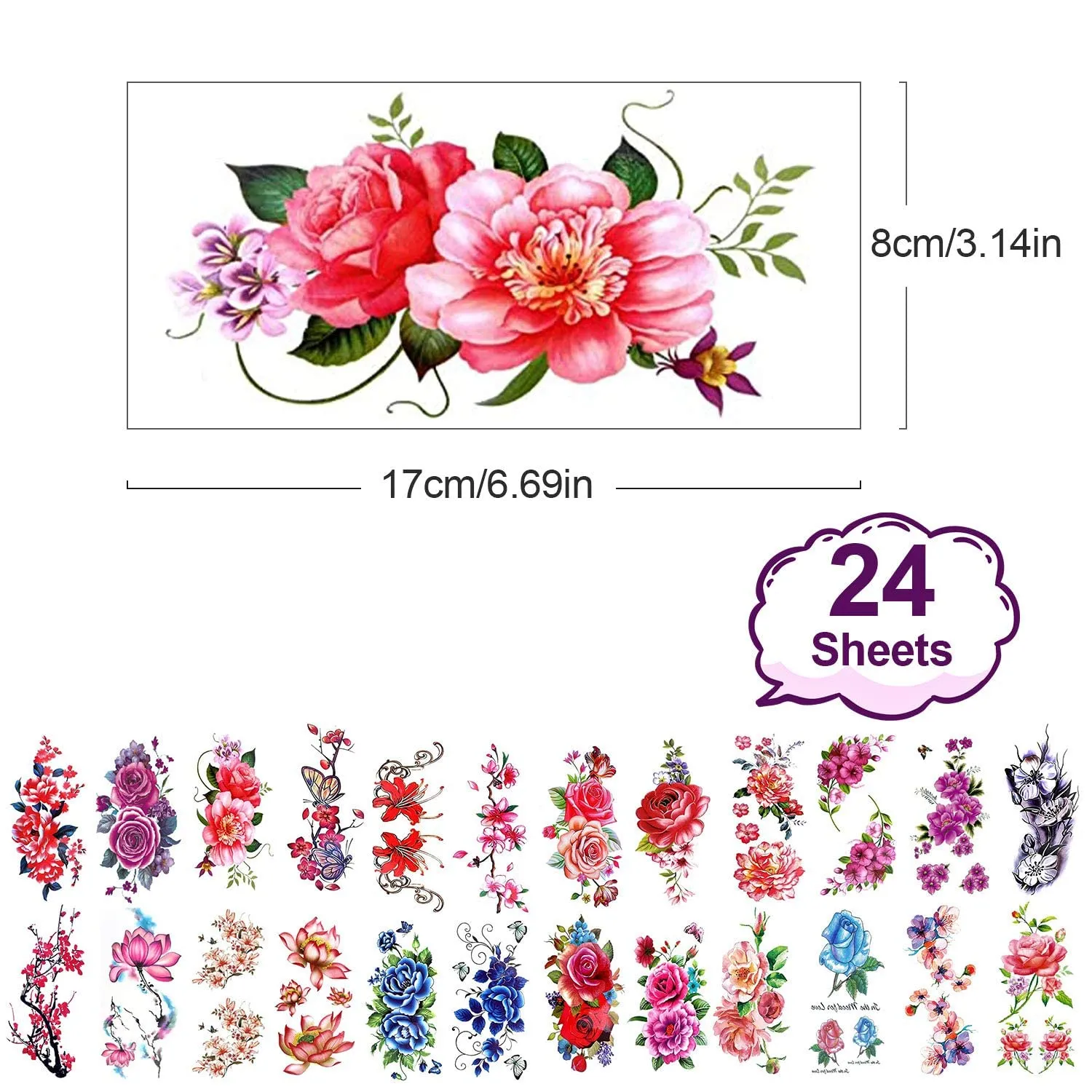 Custom Set of 24 Bright Colored Flowers Temporary Tattoos Waterproof Stickers To Create Unique Body Art or Add to Any DIY Craft Project