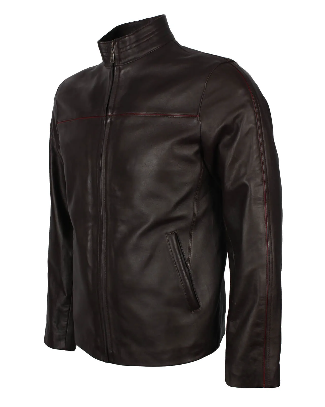 Dark Brown Leather Jacket with Red Stripe