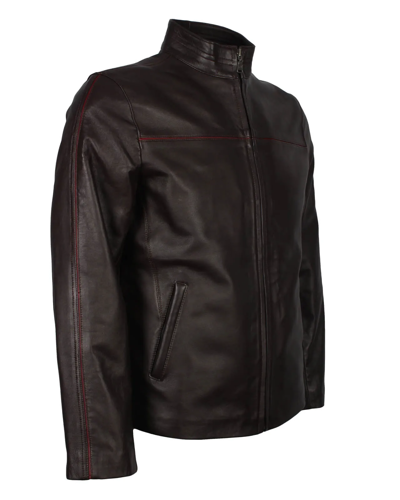 Dark Brown Leather Jacket with Red Stripe