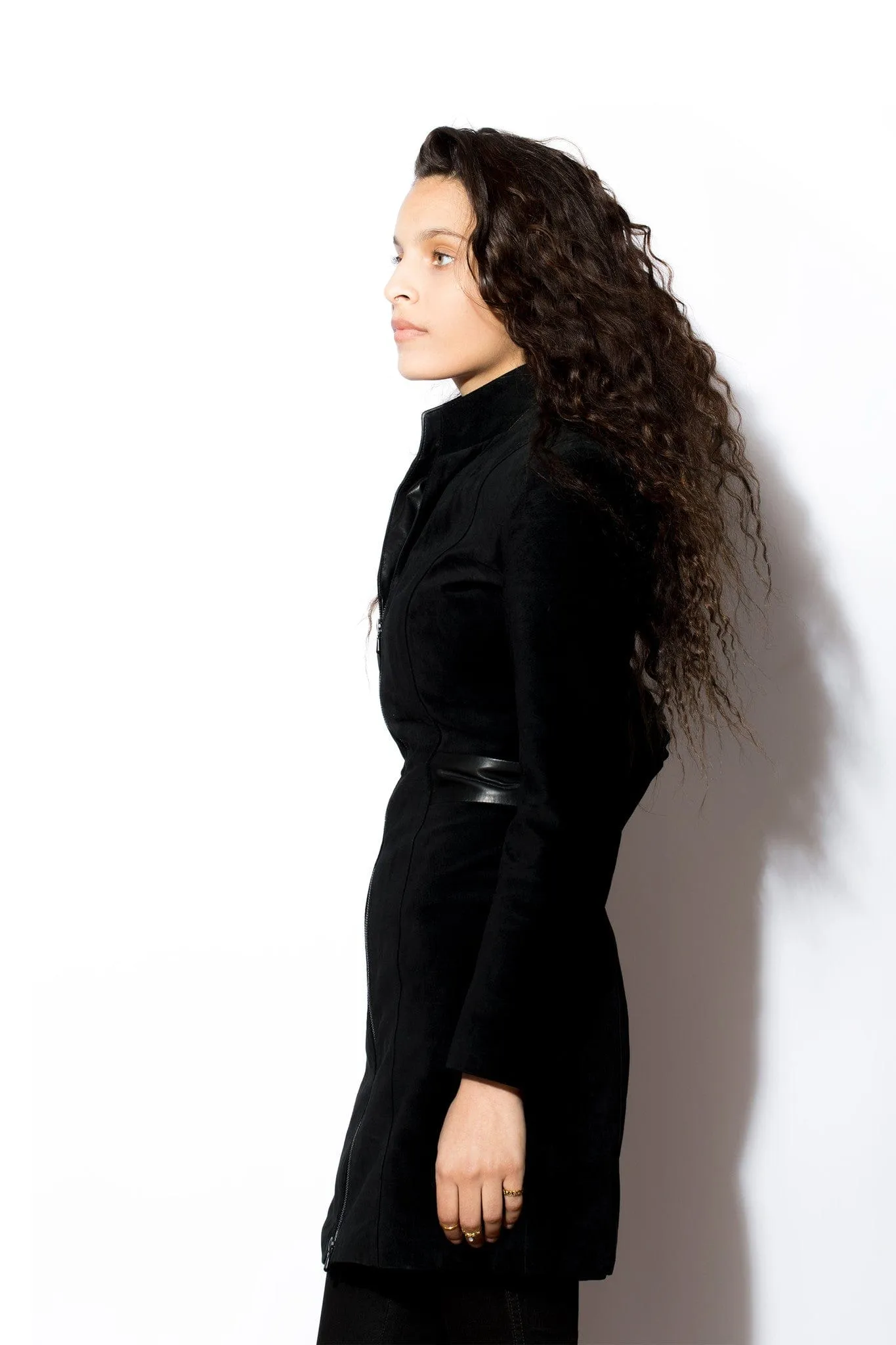 Elegant Black Suede Stand Collar 2 Way Zipper Coat and Dress