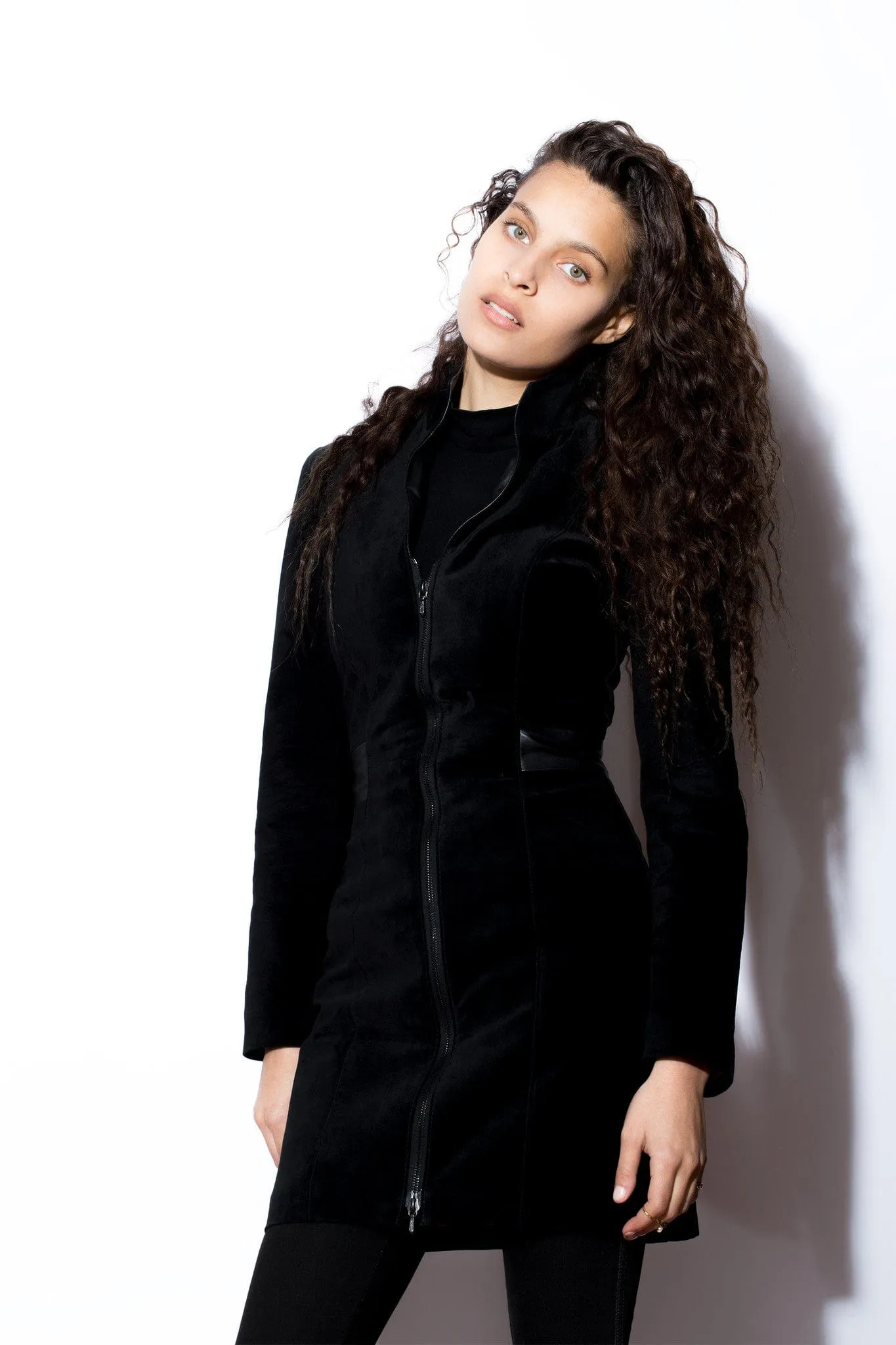 Elegant Black Suede Stand Collar 2 Way Zipper Coat and Dress