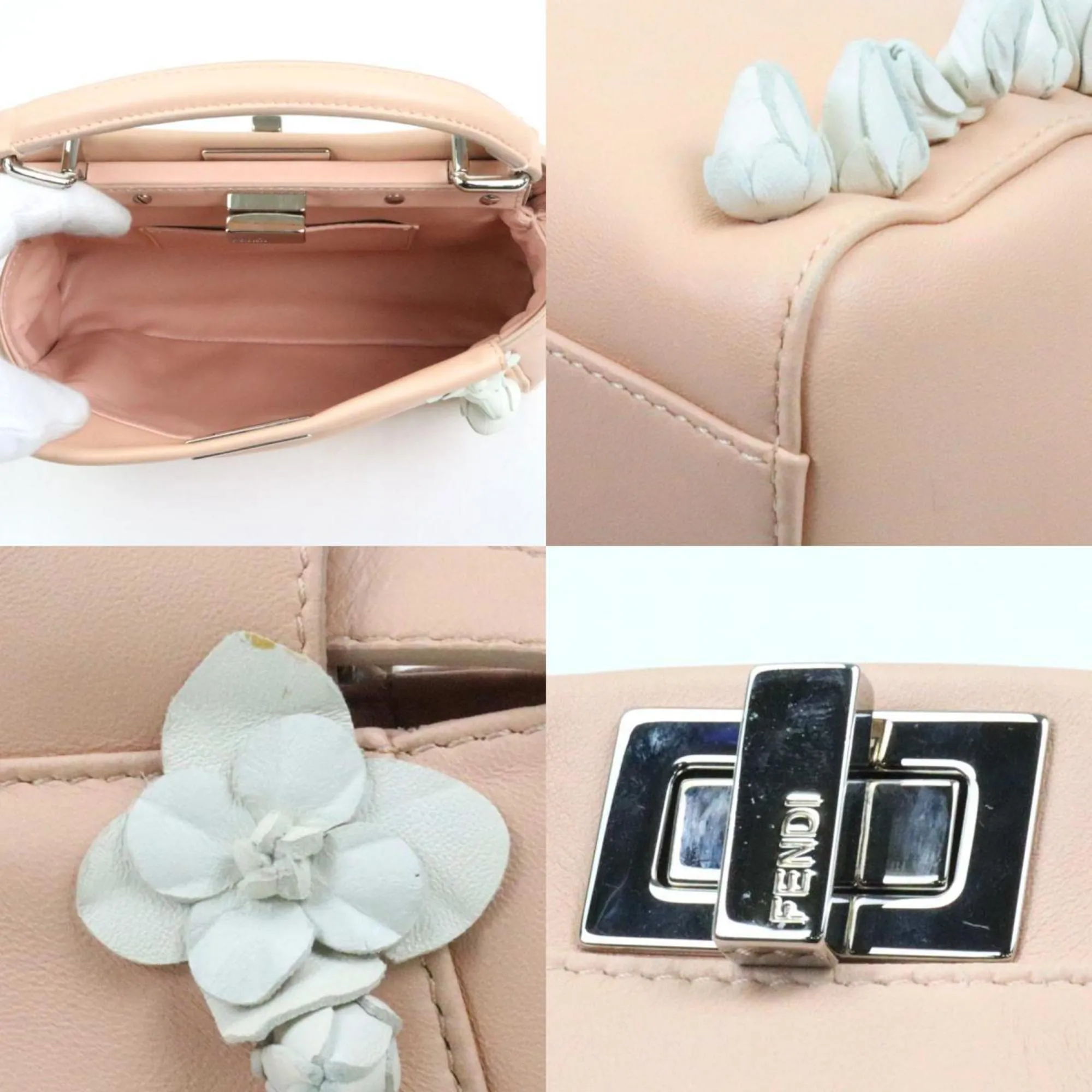Fendi Handbag Shoulder Bag Mini Peekaboo Leather Pink Beige/White Silver Women's