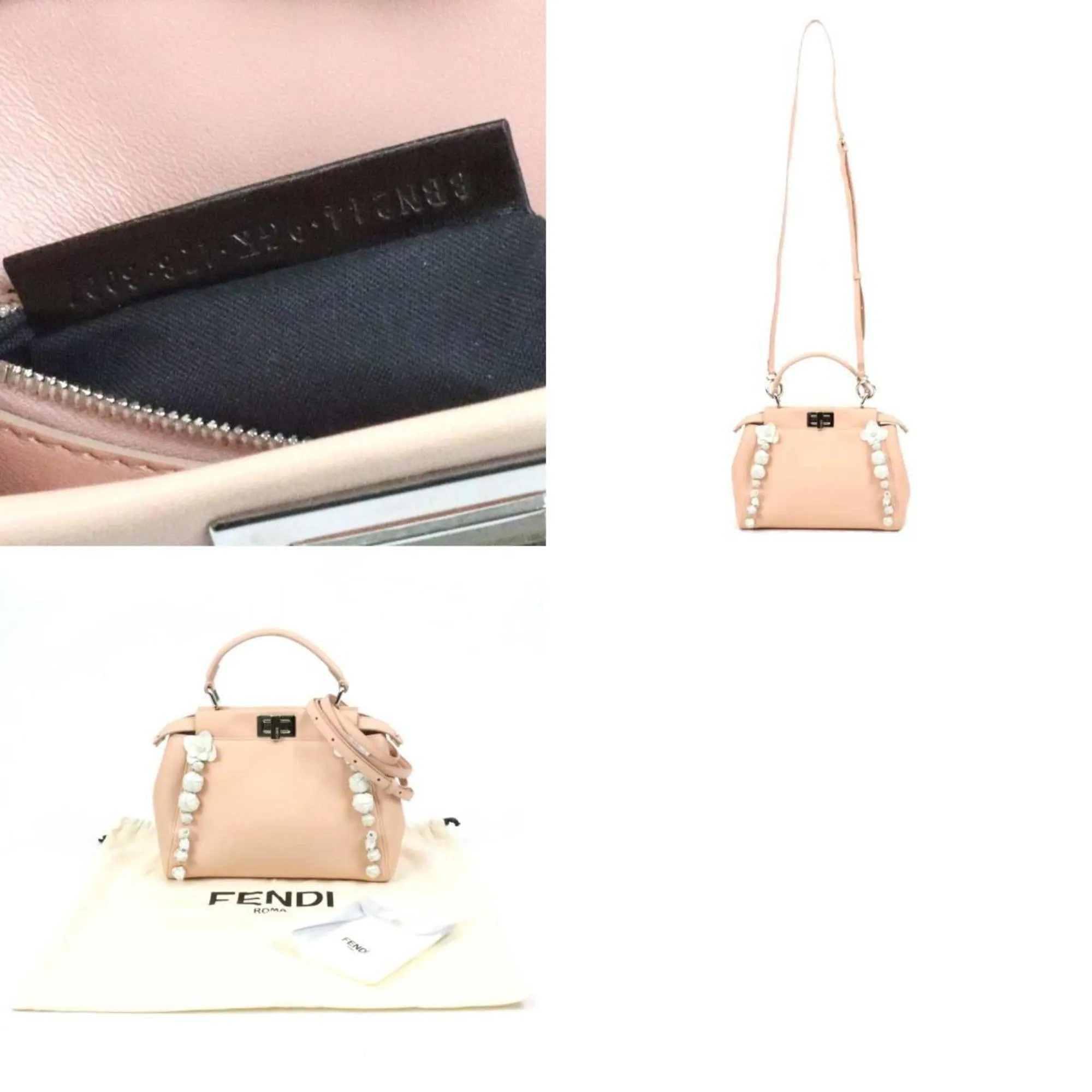Fendi Handbag Shoulder Bag Mini Peekaboo Leather Pink Beige/White Silver Women's