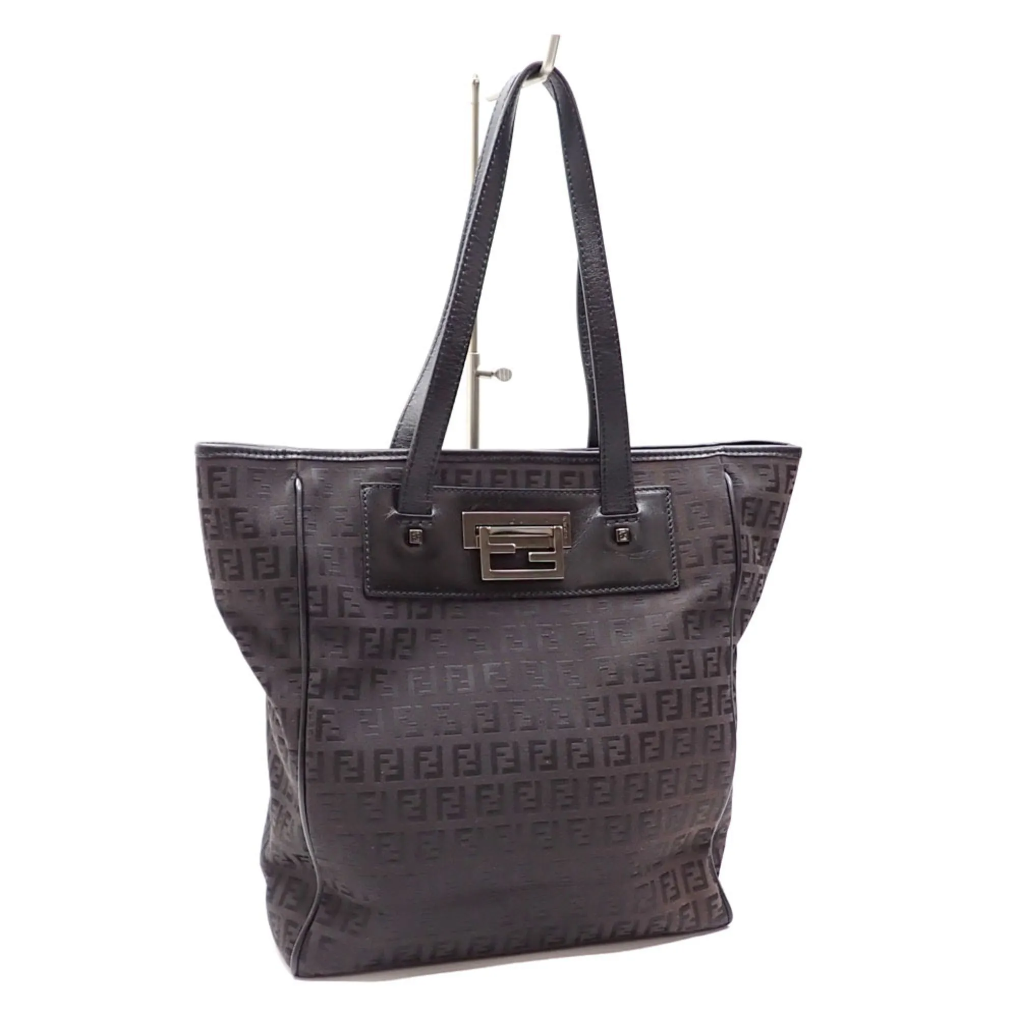 FENDI Tote Bag Zucchino Women's Black Brown Canvas Leather 8BH174 Hand