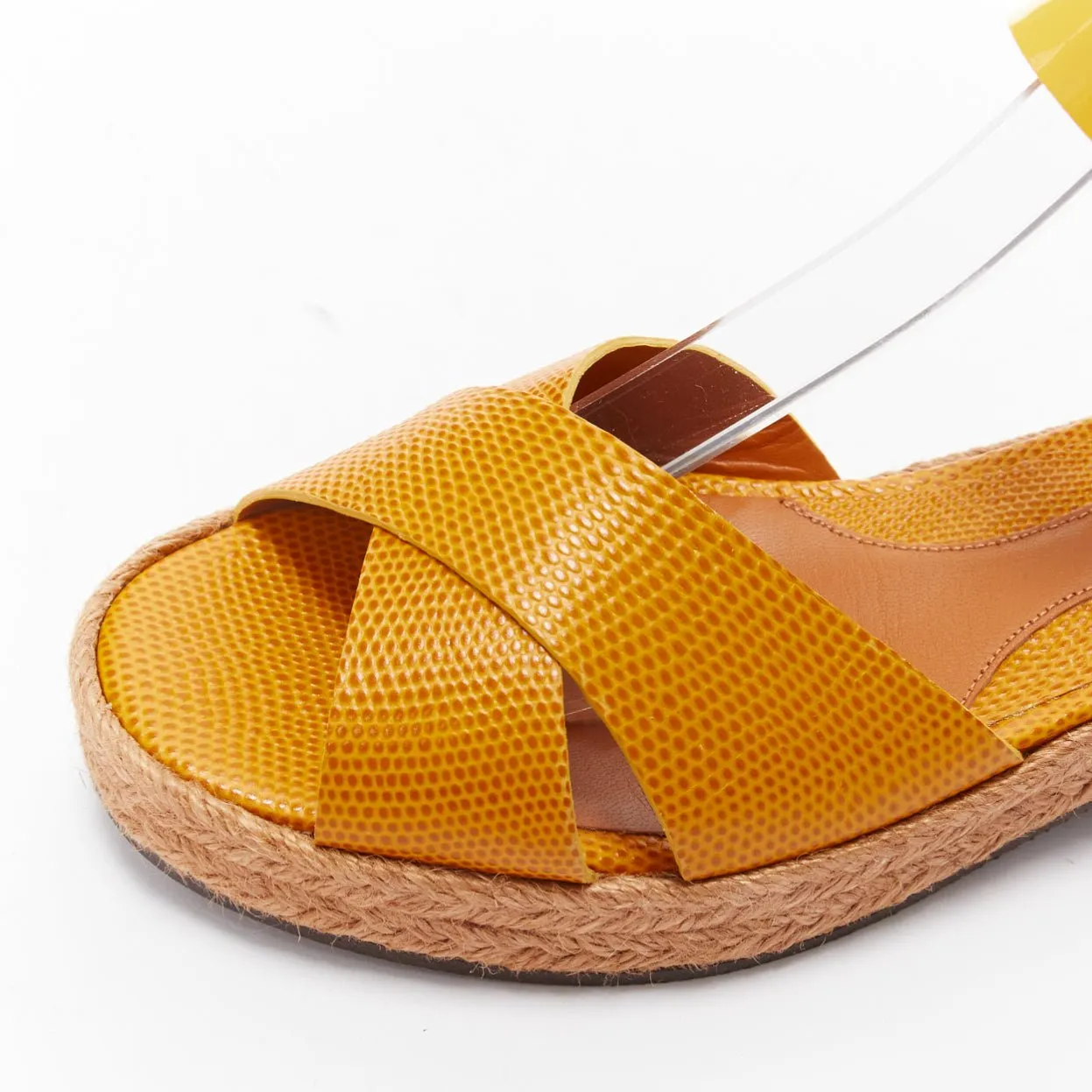 FENDI yellow embossed leather cross strap patent ankle strap jute sandal EU36.5