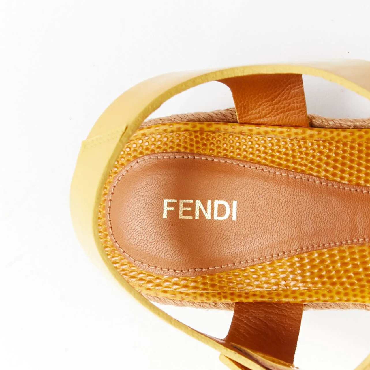FENDI yellow embossed leather cross strap patent ankle strap jute sandal EU36.5