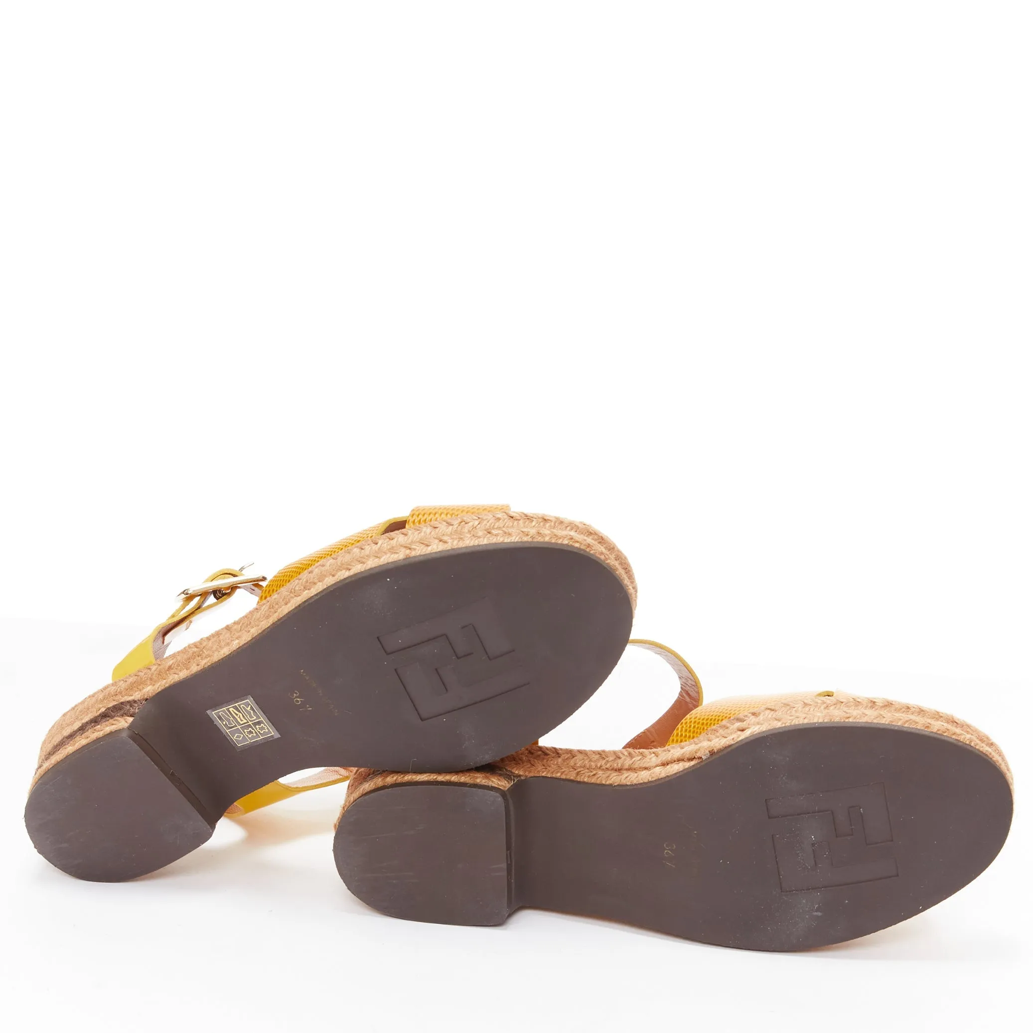 FENDI yellow embossed leather cross strap patent ankle strap jute sandal EU36.5