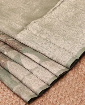 Green uniquely printed semi-banaras organza saree, contrast border of unique designs & pallu of intricate designs