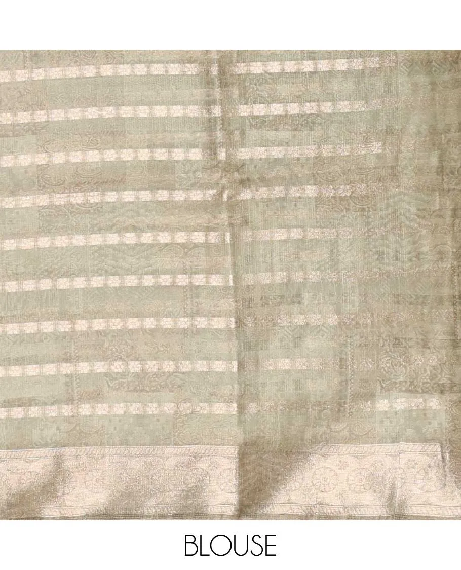 Green uniquely printed semi-banaras organza saree, contrast border of unique designs & pallu of intricate designs