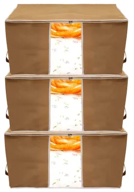 Heart Home Foldable Non Woven Clothes Storage Bag Wardrobe Organizer Underbed Bag With Tranasparent Window- Pack of 3 (Brown)-HS43HEARTH26715