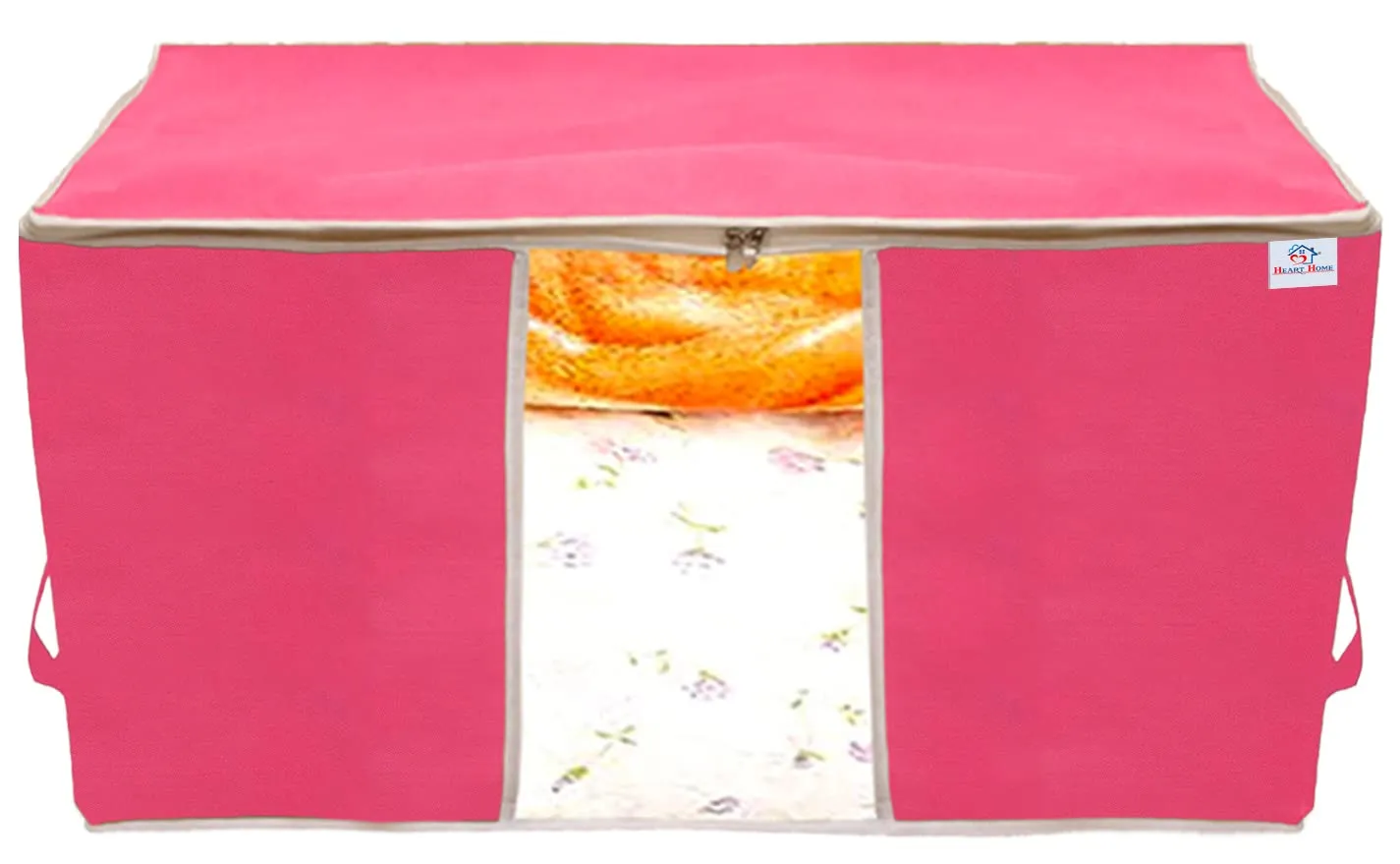 Heart Home Foldable Non Woven Clothes Storage Bag Wardrobe Organizer Underbed Bag With Tranasparent Window- Pack of 4 (Pink)-HS43HEARTH26733