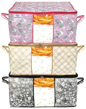 Heart Home Metalic Print Non Woven 6 Pieces Underbed Storage Bag,Cloth Organiser,Blanket Cover with Transparent Window (Ivory & Black & Pink)-HHEART16649