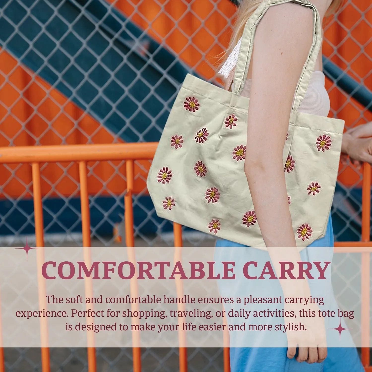 HHH Designs Cotton Canvas Tote Bag with Floral Machine Embroidery