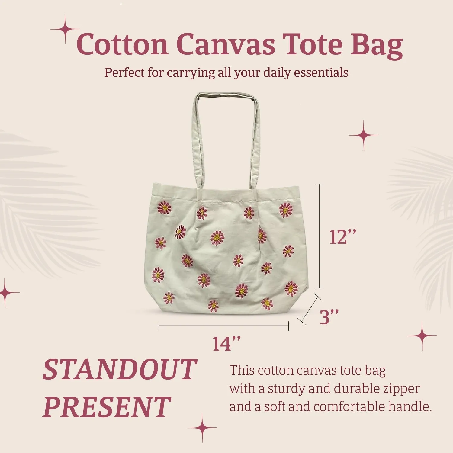 HHH Designs Cotton Canvas Tote Bag with Floral Machine Embroidery