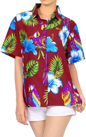 LA LEELA Women's Beach Casual Hawaiian Blouse Short Sleeve button Down Shirt Plus size Maroon