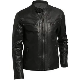 Lambskin Leather Jacket With Buckle Strap Collar