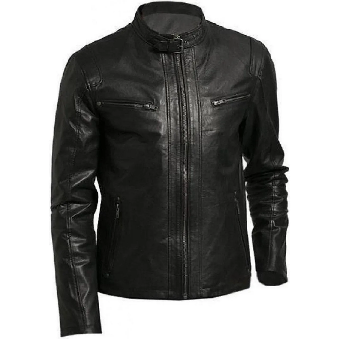 Lambskin Leather Jacket With Buckle Strap Collar