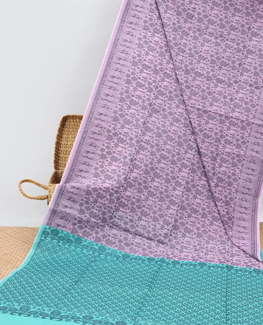 Lavender unique design semi-silk cotton saree, warli motif border & pallu features intricate designs