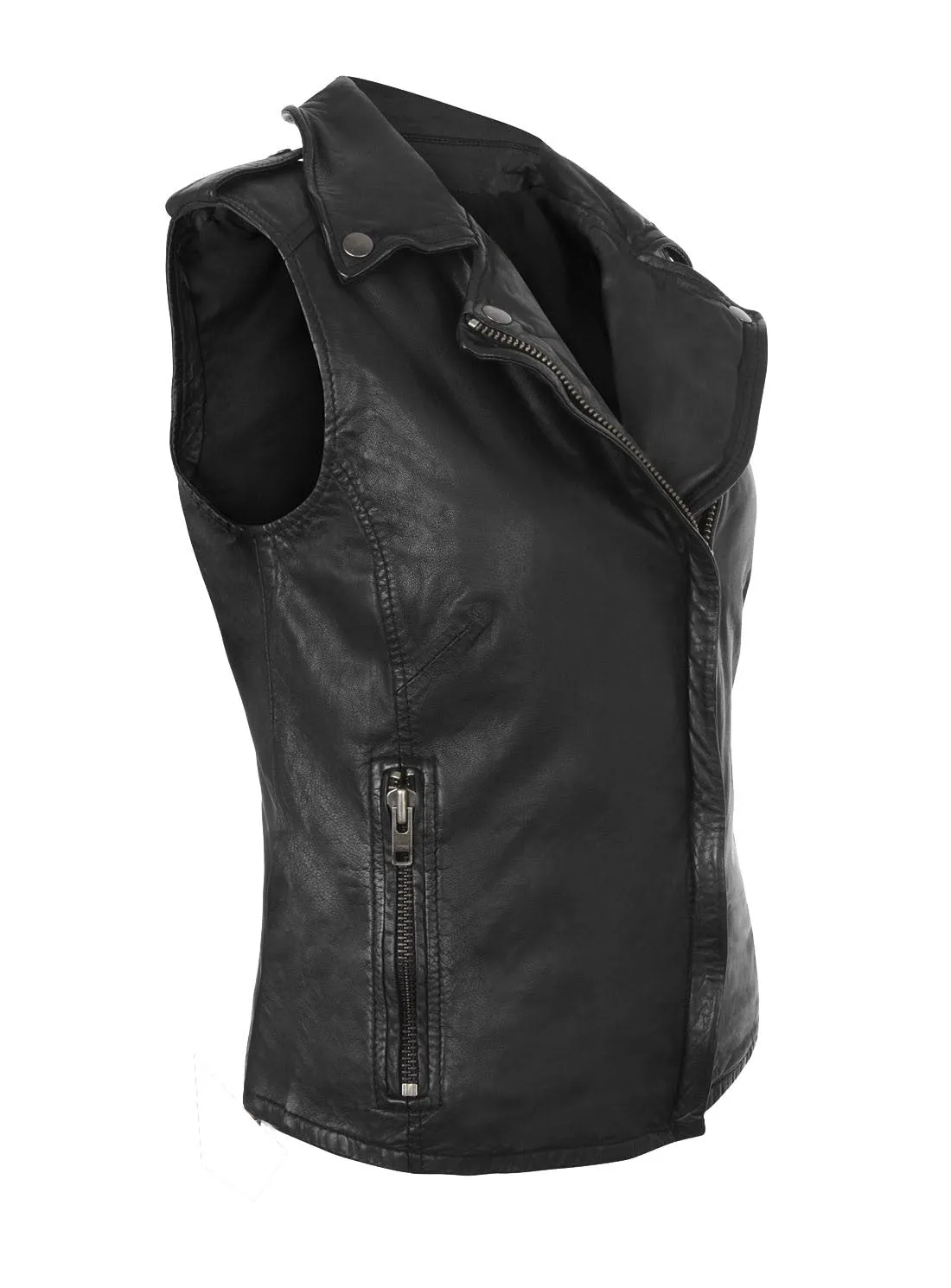 Leather Biker Tumble Washed Women Zipped Waist Coat Jacket