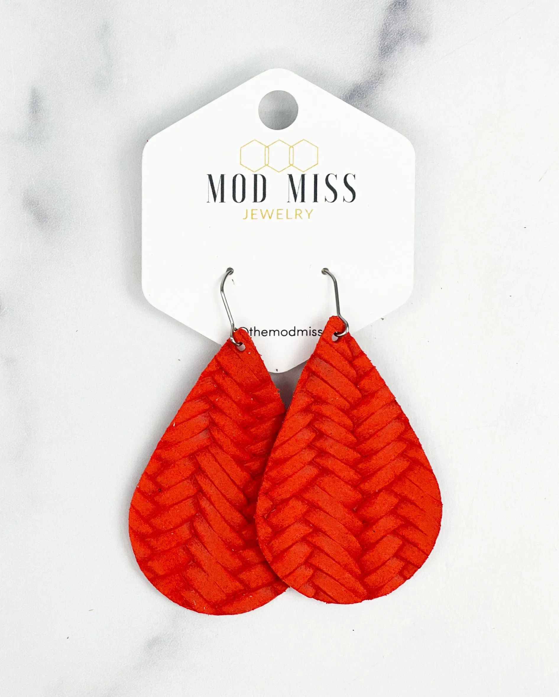 Leather Teardrop Earring "Weaved Orange"