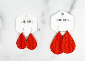 Leather Teardrop Earring "Weaved Orange"