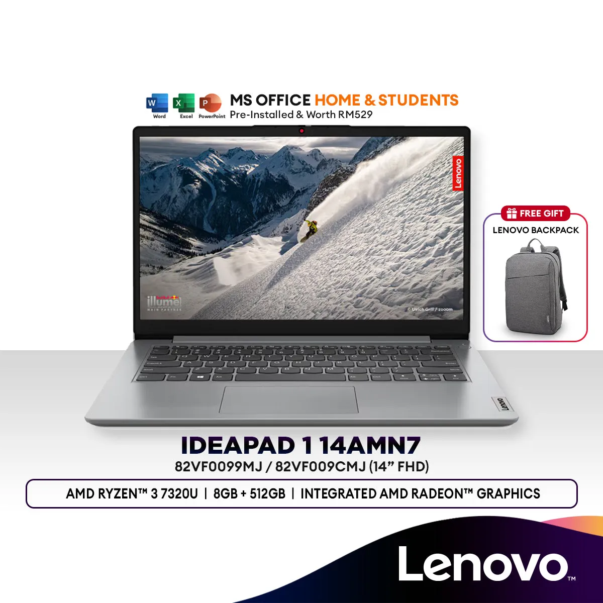 Lenovo IdeaPad 1 14AMN7 14" FHD Laptop (AMD Ryzen™ 3 7320U | 8GB | 512GB SSD | AMD  Radeon™ Graphics | H&S | W11)