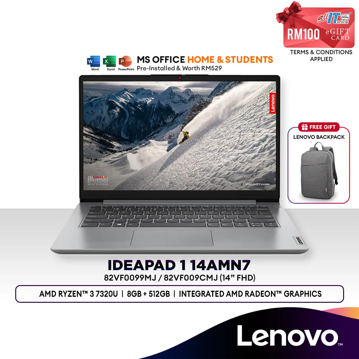 Lenovo IdeaPad 1 14AMN7 14" FHD Laptop (AMD Ryzen™ 3 7320U | 8GB | 512GB SSD | AMD  Radeon™ Graphics | H&S | W11)