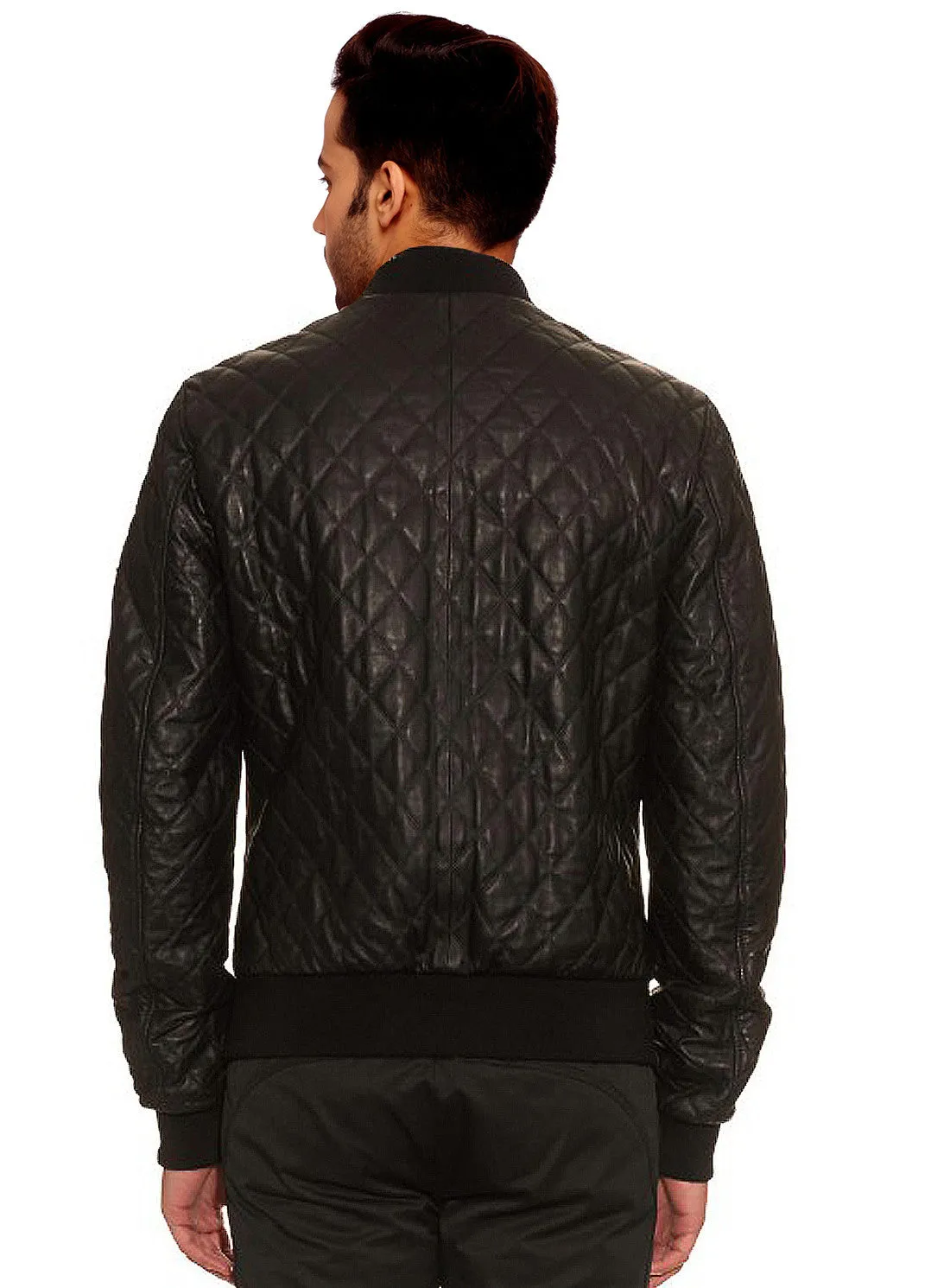 Men Leather Bomber Jacket with Designer Diamond Quilted