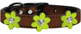Metallic Flower Leather Collar Bronze With Metallic Lime Green Flowers Size 14