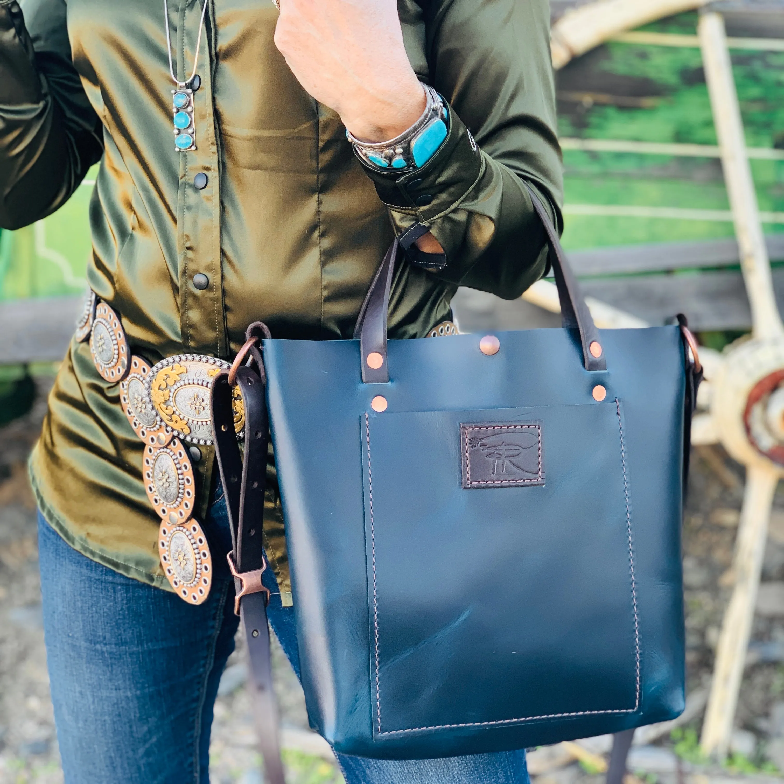 Modern Blue Camp Crossbody  Leather Purse Tote Bag