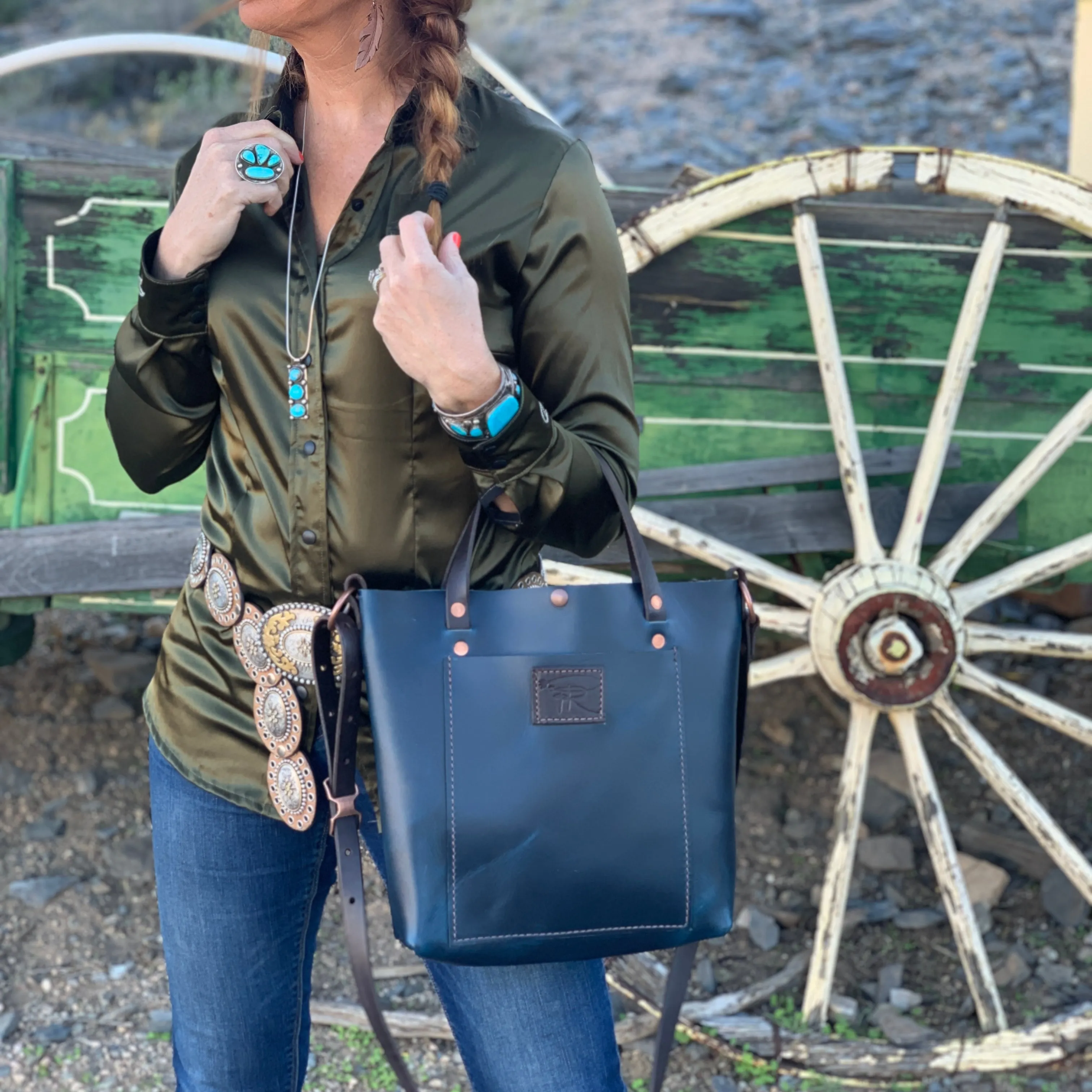 Modern Blue Camp Crossbody  Leather Purse Tote Bag