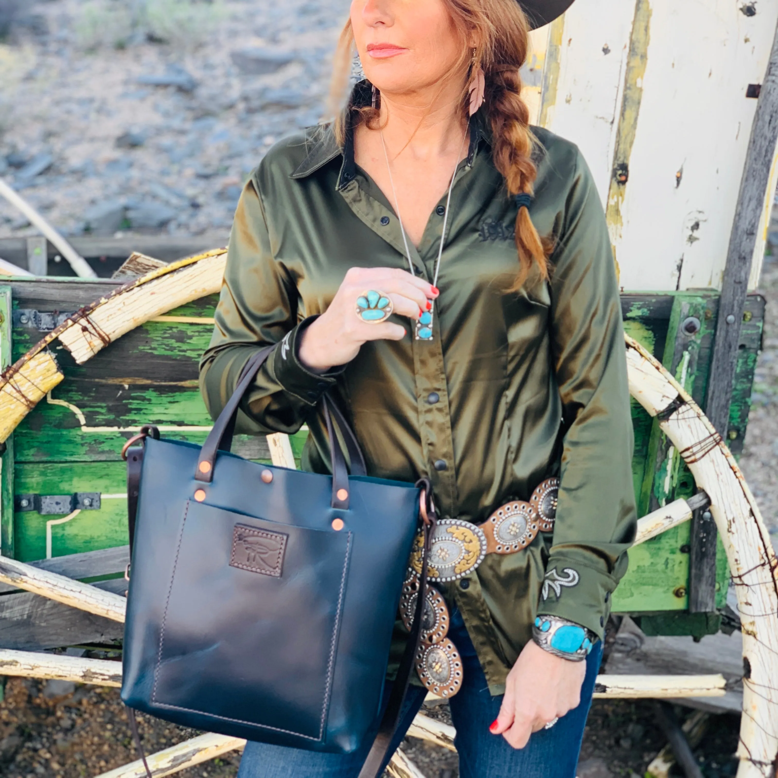 Modern Blue Camp Crossbody  Leather Purse Tote Bag
