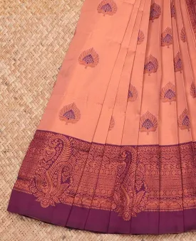Peach litchi saree with unique buttas, contrast traditional design border & pallu of intricate designs
