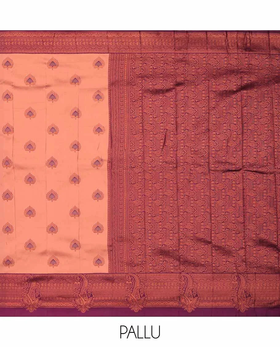 Peach litchi saree with unique buttas, contrast traditional design border & pallu of intricate designs