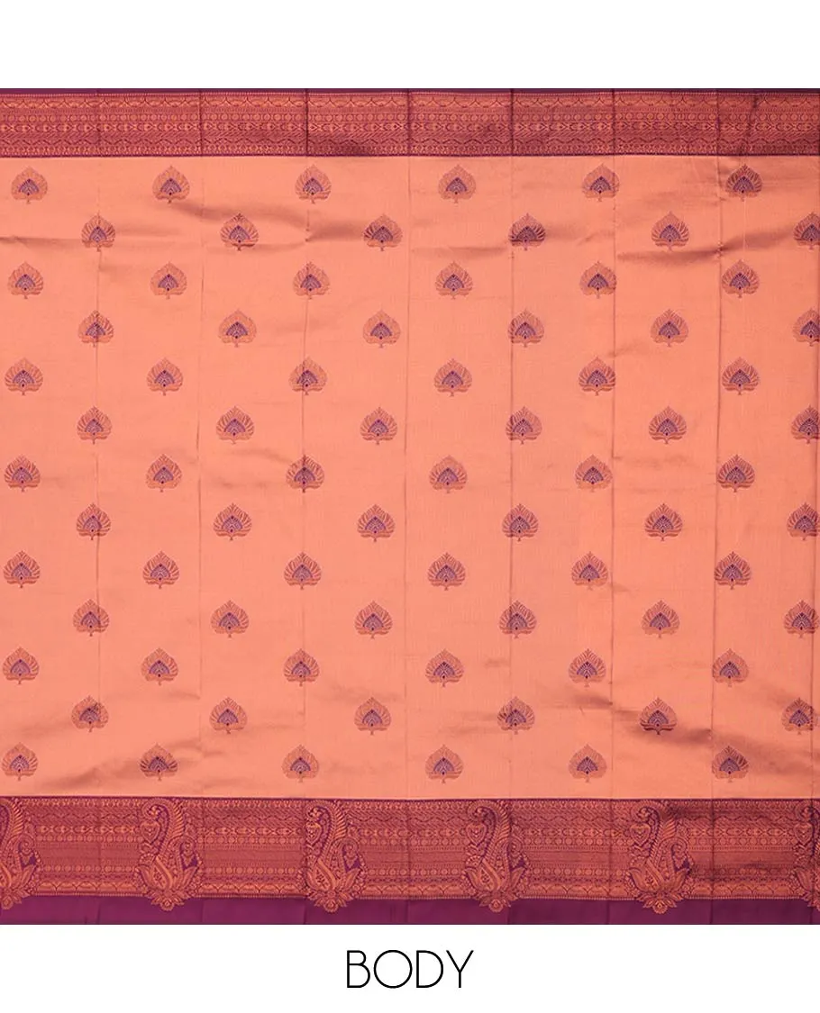 Peach litchi saree with unique buttas, contrast traditional design border & pallu of intricate designs