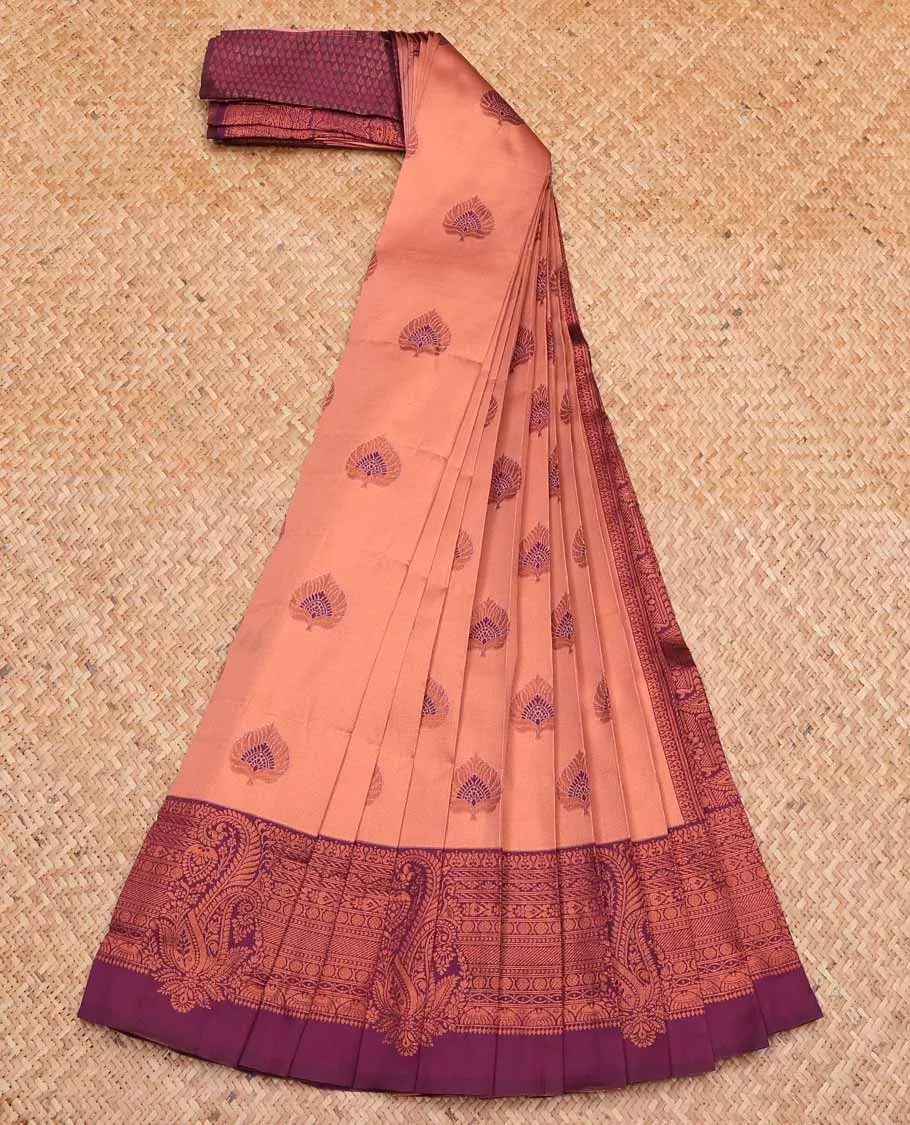 Peach litchi saree with unique buttas, contrast traditional design border & pallu of intricate designs