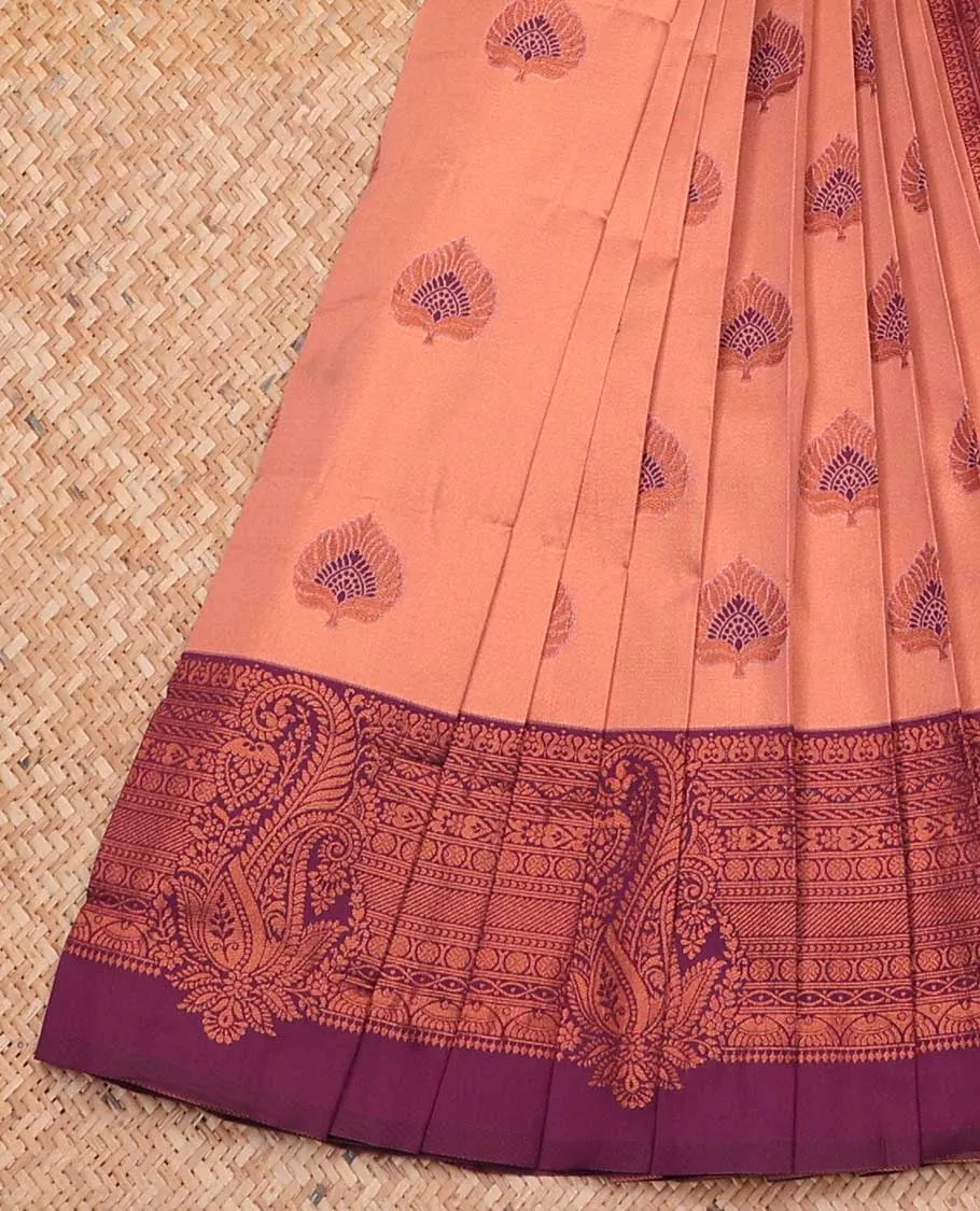 Peach litchi saree with unique buttas, contrast traditional design border & pallu of intricate designs