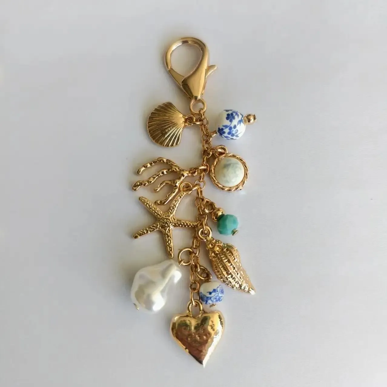 Porcelain Sea Life Pearl Heart Turq Bead Bag Charm