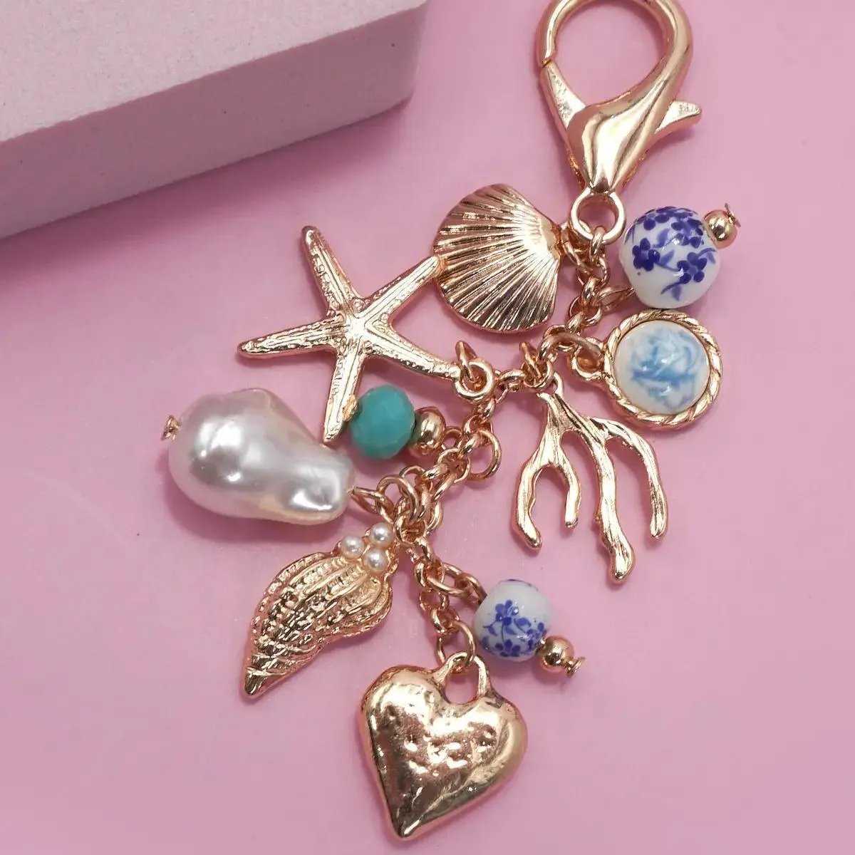 Porcelain Sea Life Pearl Heart Turq Bead Bag Charm