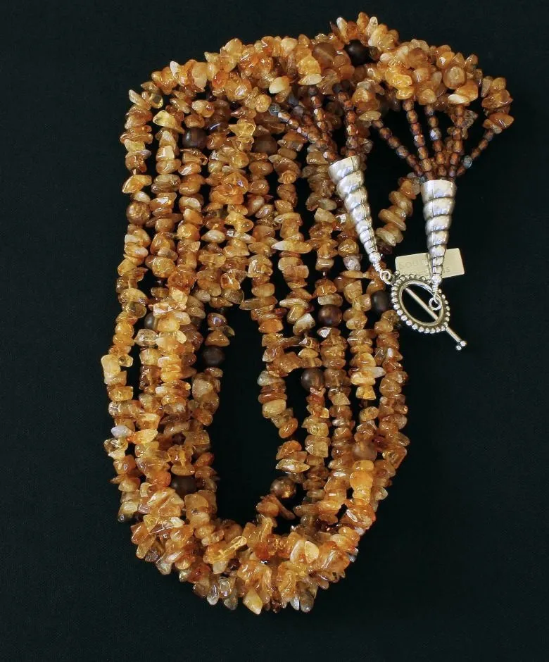 Santo Domingo Amber Chip 5-Strand Necklace with Amber Quartz Rounds, Swarovski Crystal Bicones, Amber Picasso Fire Polished Glass, and Sterling Silver Cones and Toggle Clasp