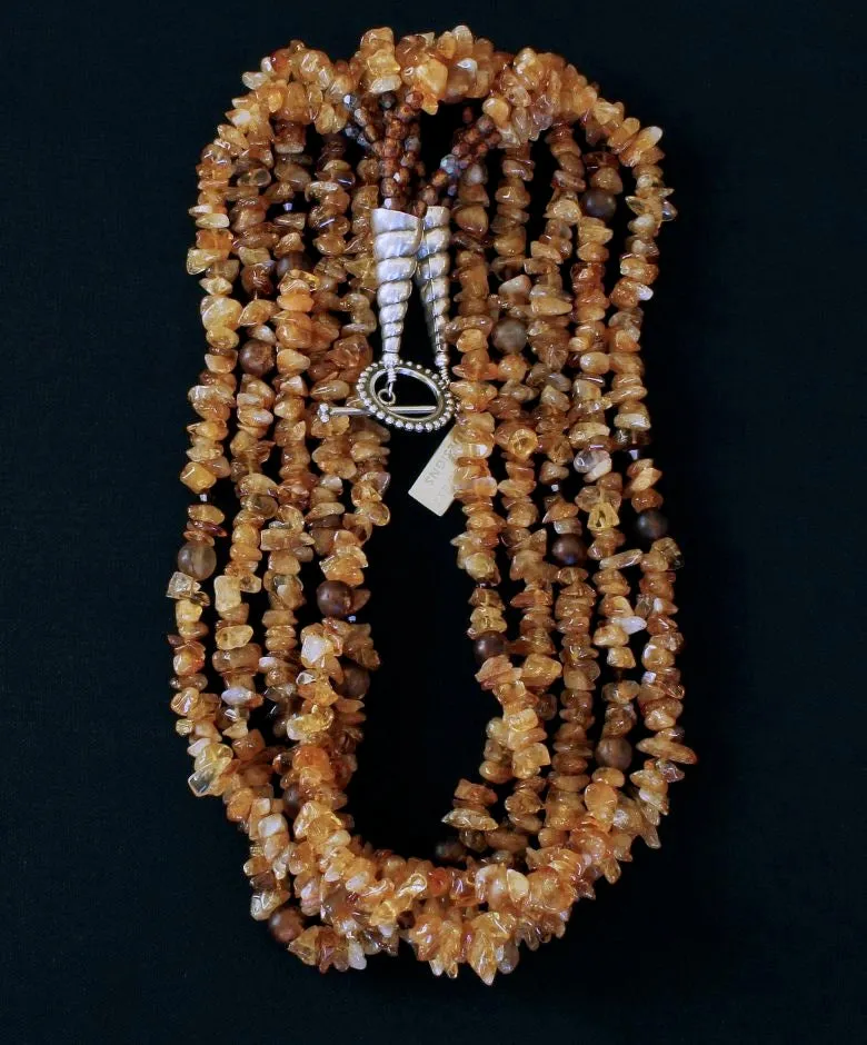 Santo Domingo Amber Chip 5-Strand Necklace with Amber Quartz Rounds, Swarovski Crystal Bicones, Amber Picasso Fire Polished Glass, and Sterling Silver Cones and Toggle Clasp