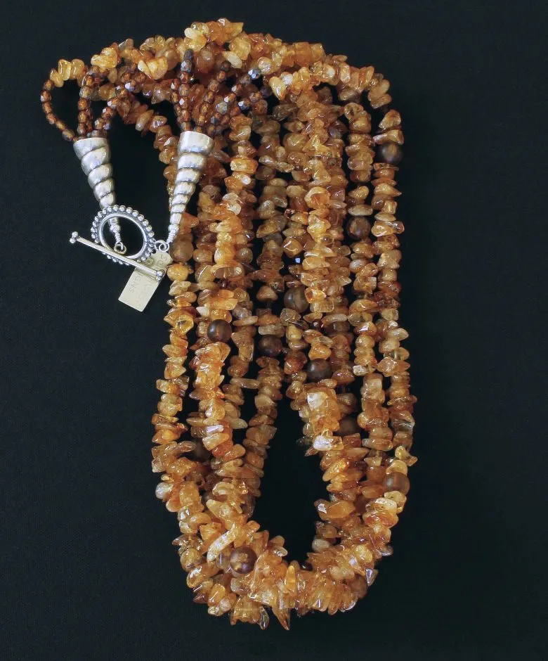 Santo Domingo Amber Chip 5-Strand Necklace with Amber Quartz Rounds, Swarovski Crystal Bicones, Amber Picasso Fire Polished Glass, and Sterling Silver Cones and Toggle Clasp