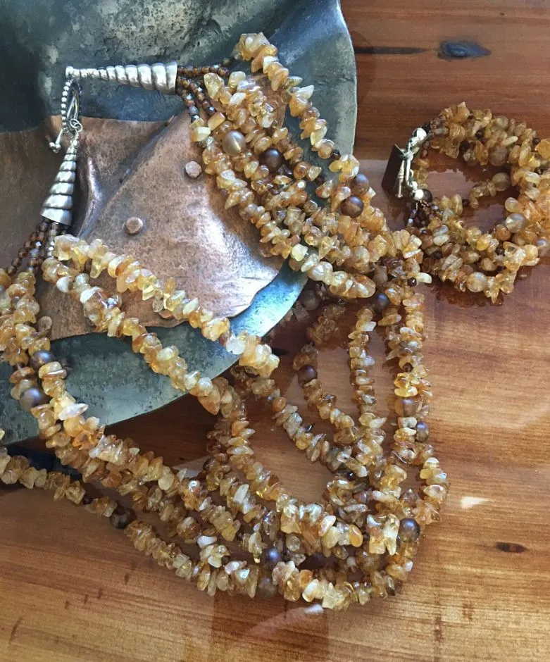 Santo Domingo Amber Chip 5-Strand Necklace with Amber Quartz Rounds, Swarovski Crystal Bicones, Amber Picasso Fire Polished Glass, and Sterling Silver Cones and Toggle Clasp