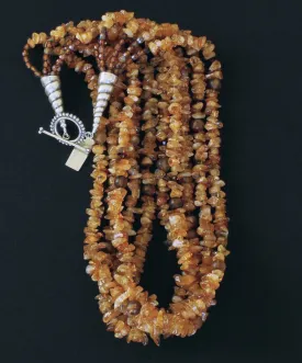 Santo Domingo Amber Chip 5-Strand Necklace with Amber Quartz Rounds, Swarovski Crystal Bicones, Amber Picasso Fire Polished Glass, and Sterling Silver Cones and Toggle Clasp