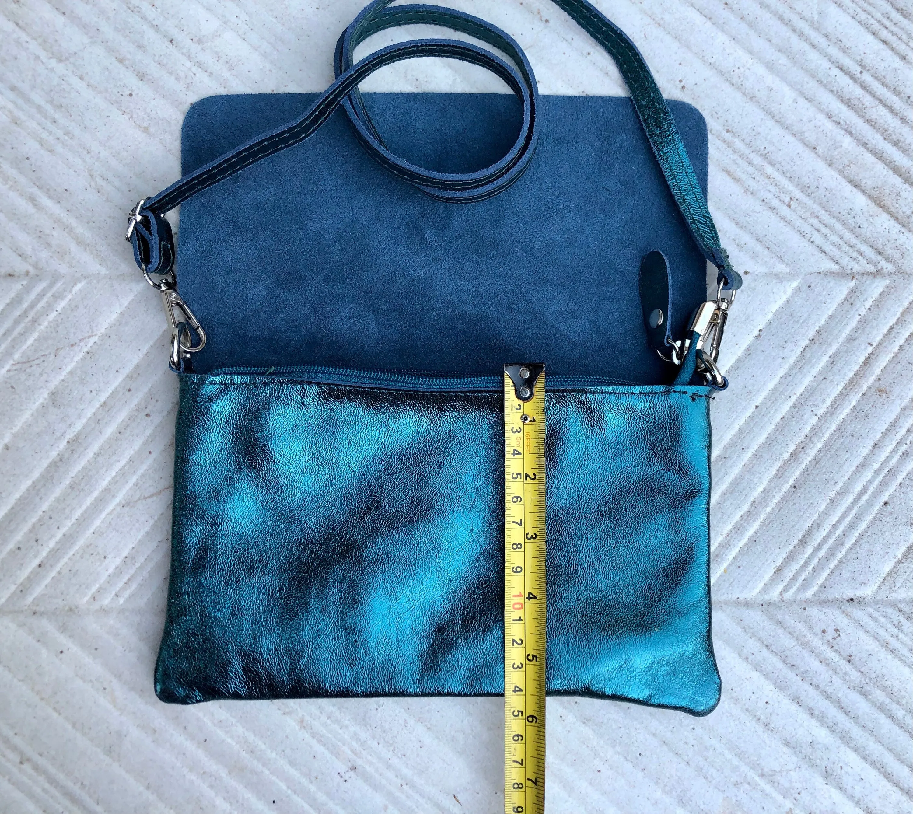 Small leather bag in metallic teal BLUE. Crossbody or shoulder bag in GENUINE  leather. Blue purse with adjustable strap. flap and zipper.