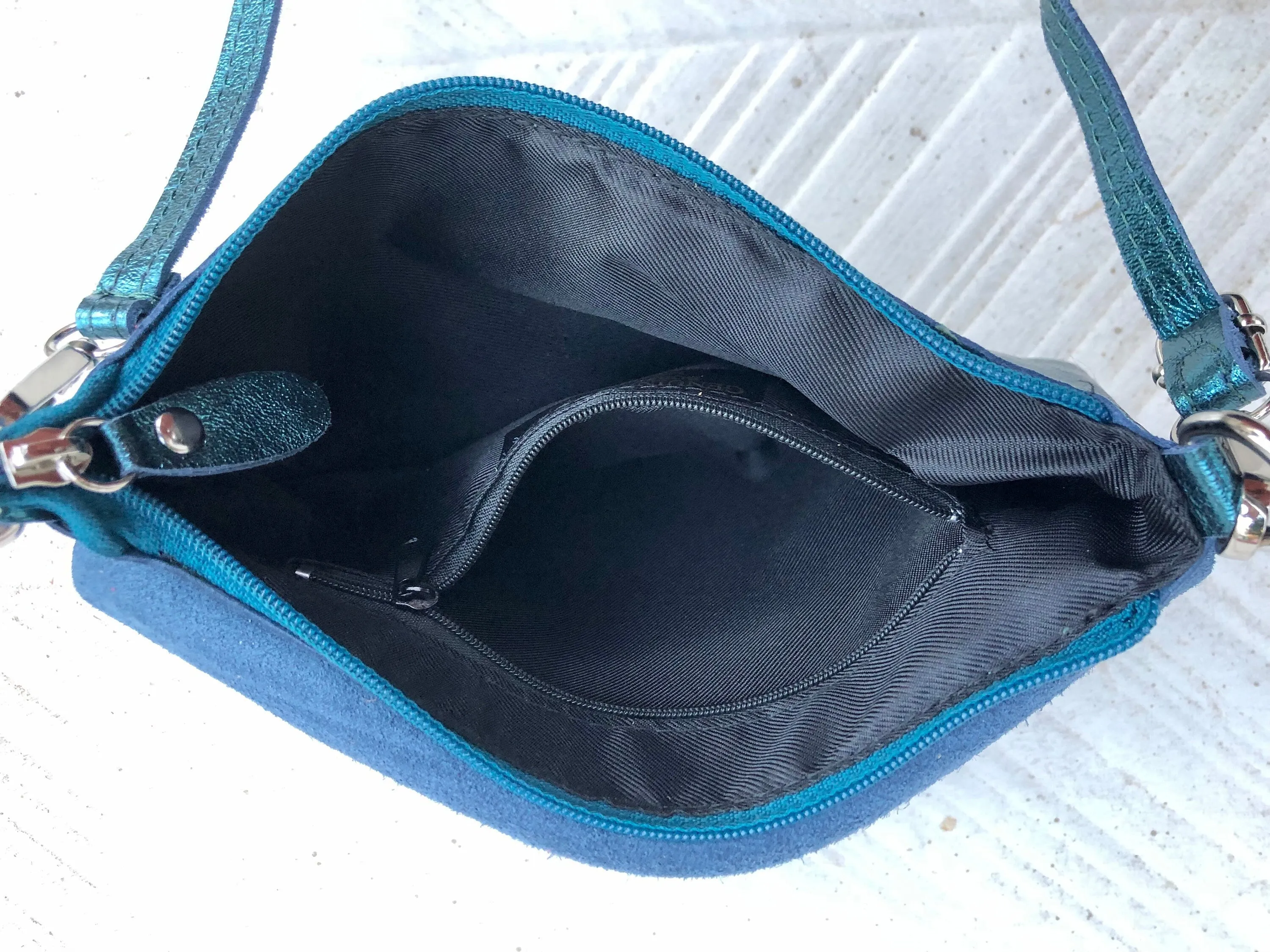 Small leather bag in metallic teal BLUE. Crossbody or shoulder bag in GENUINE  leather. Blue purse with adjustable strap. flap and zipper.