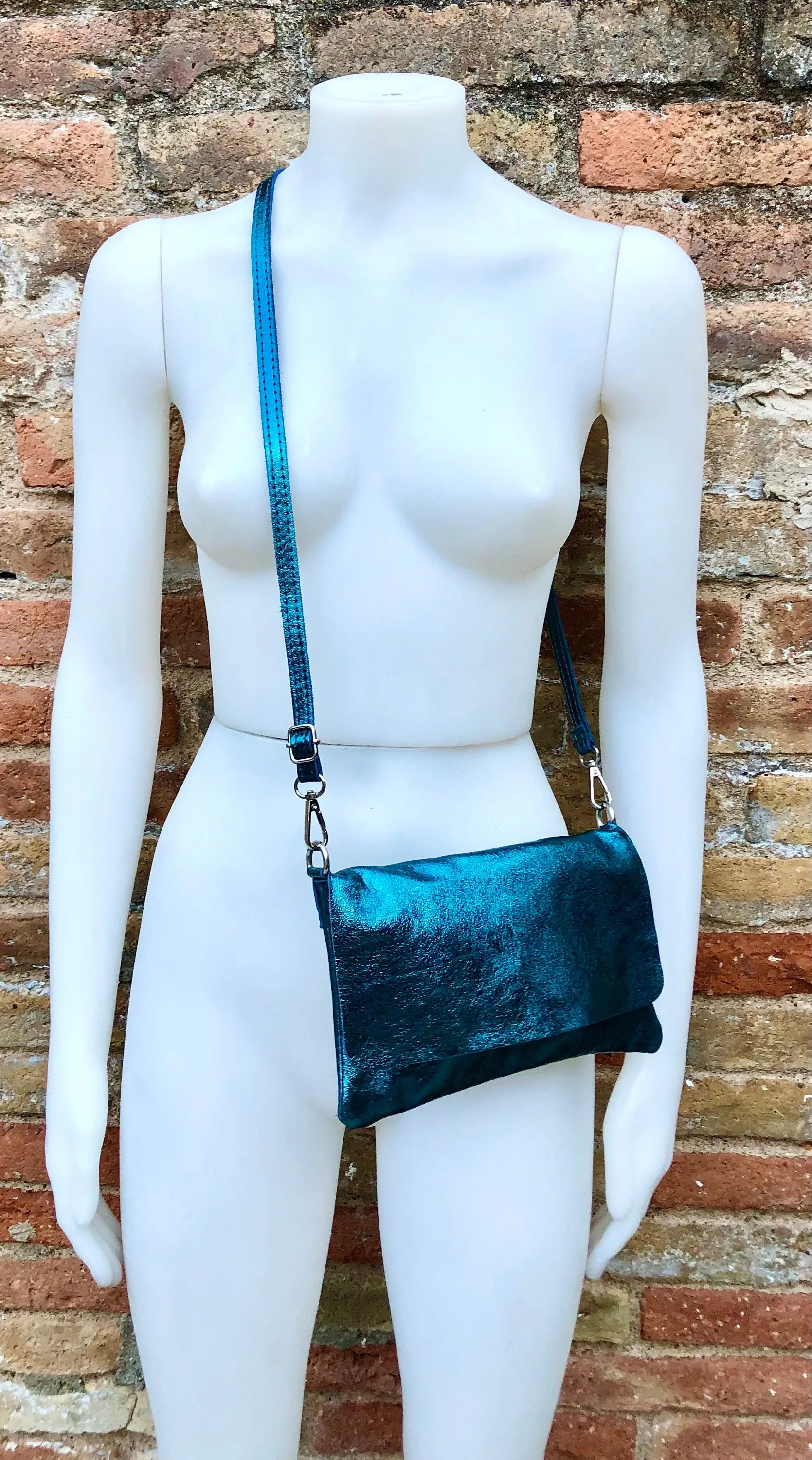 Small leather bag in metallic teal BLUE. Crossbody or shoulder bag in GENUINE  leather. Blue purse with adjustable strap. flap and zipper.
