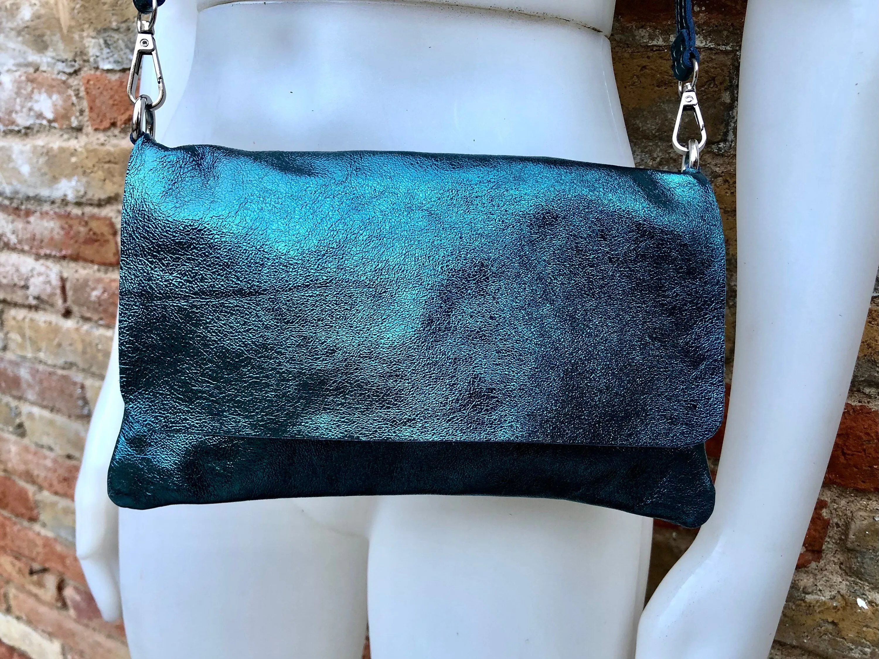 Small leather bag in metallic teal BLUE. Crossbody or shoulder bag in GENUINE  leather. Blue purse with adjustable strap. flap and zipper.
