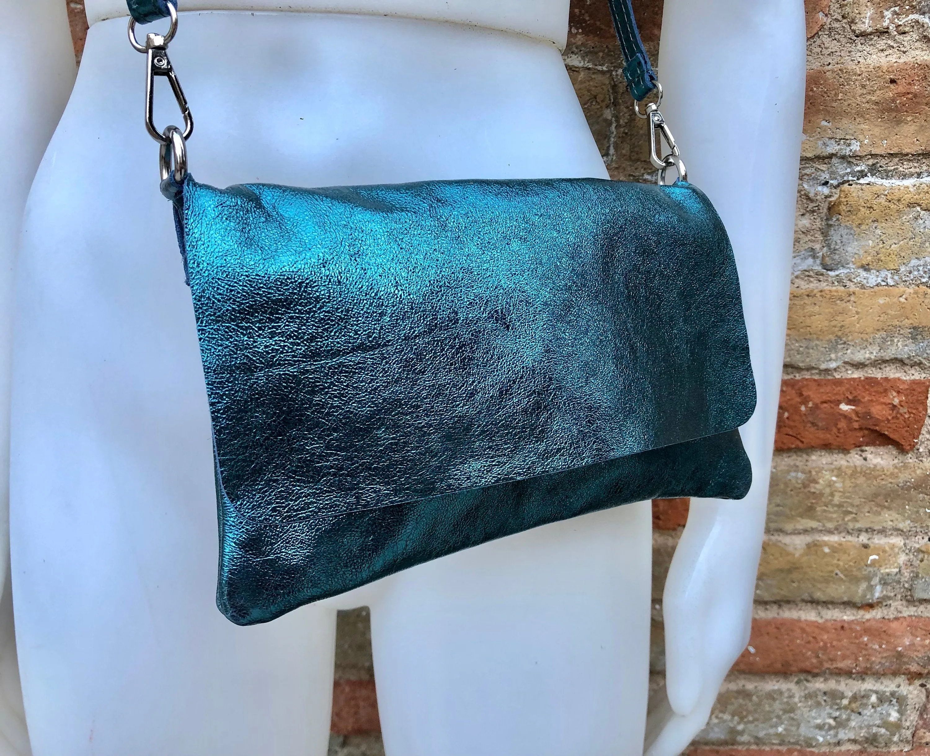 Small leather bag in metallic teal BLUE. Crossbody or shoulder bag in GENUINE  leather. Blue purse with adjustable strap. flap and zipper.